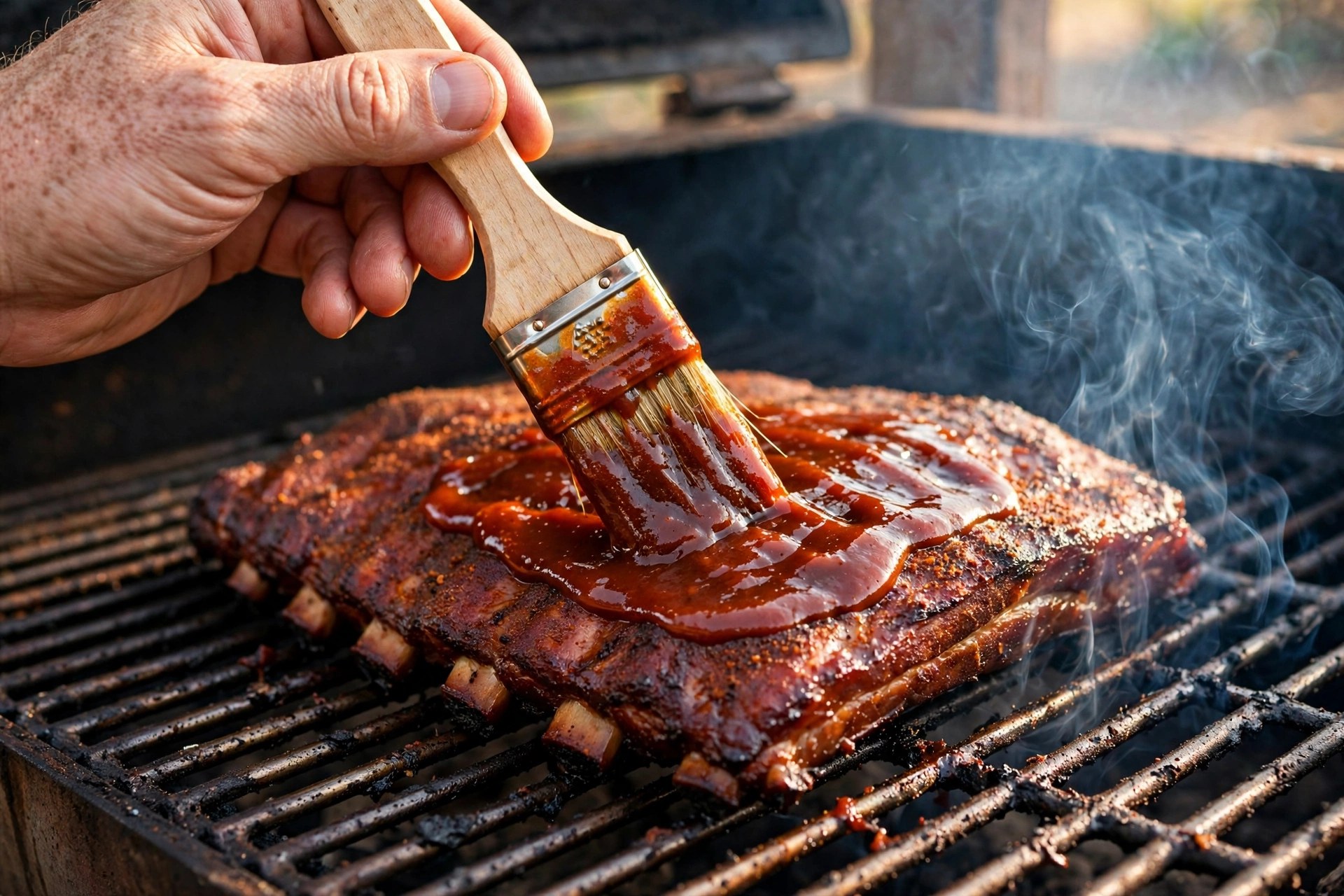 Hand brushing thick glossy Kansas City tomato-based BBQ sauce onto smoked ribs over thin blue smoke