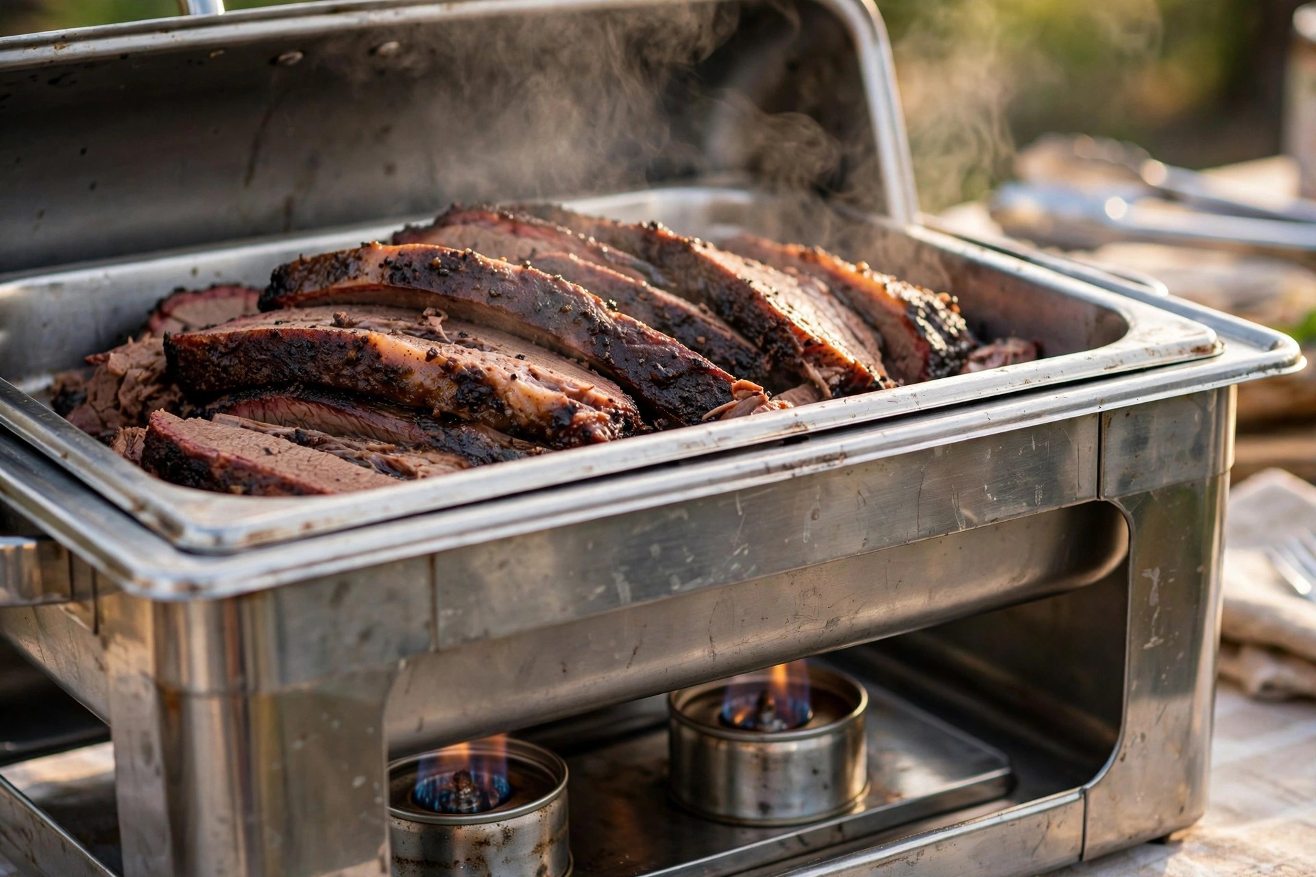 Chafing dish with lit fuel canisters holding sliced smoked brisket at an outdoor party buffet