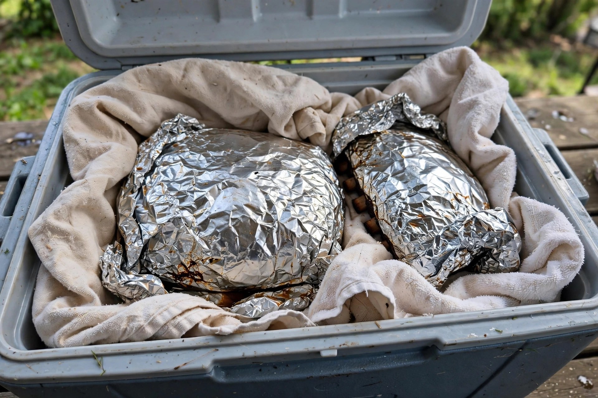 Foil-wrapped brisket and ribs packed with towels in a preheated cooler for a party hold