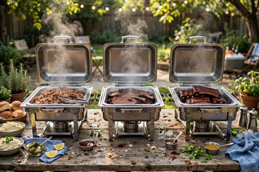 Backyard BBQ party buffet with chafing dishes of pulled pork, brisket and ribs