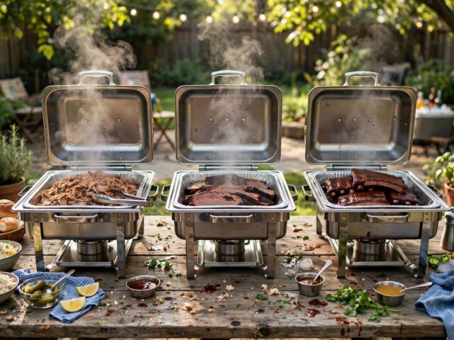 Backyard BBQ party buffet with chafing dishes of pulled pork, brisket and ribs