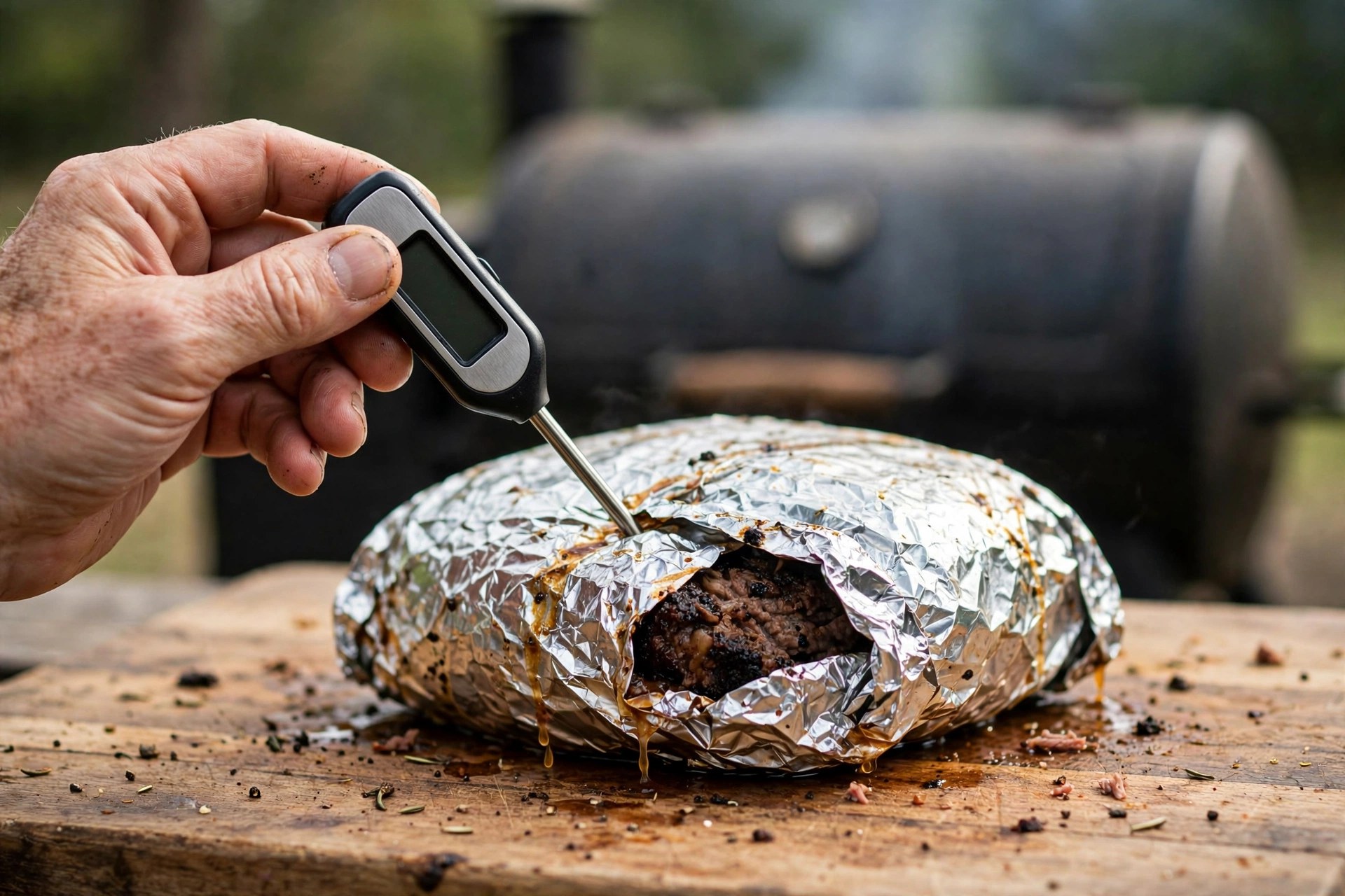Hand checking a foil-wrapped brisket with a digital thermometer before a party hold
