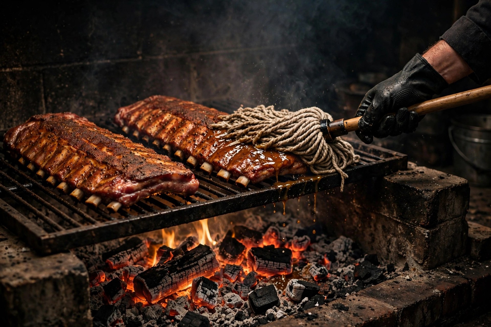 Ribs cooking directly over glowing charcoal in a rustic pit, basted with a vinegar mop