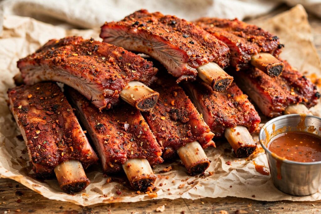 Memphis dry-rub ribs cut between the bones with a thick paprika spice crust, sauce cup on the side
