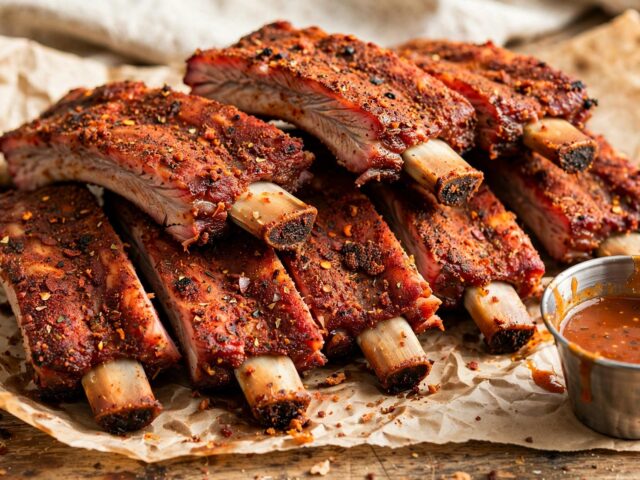 Memphis dry-rub ribs cut between the bones with a thick paprika spice crust, sauce cup on the side