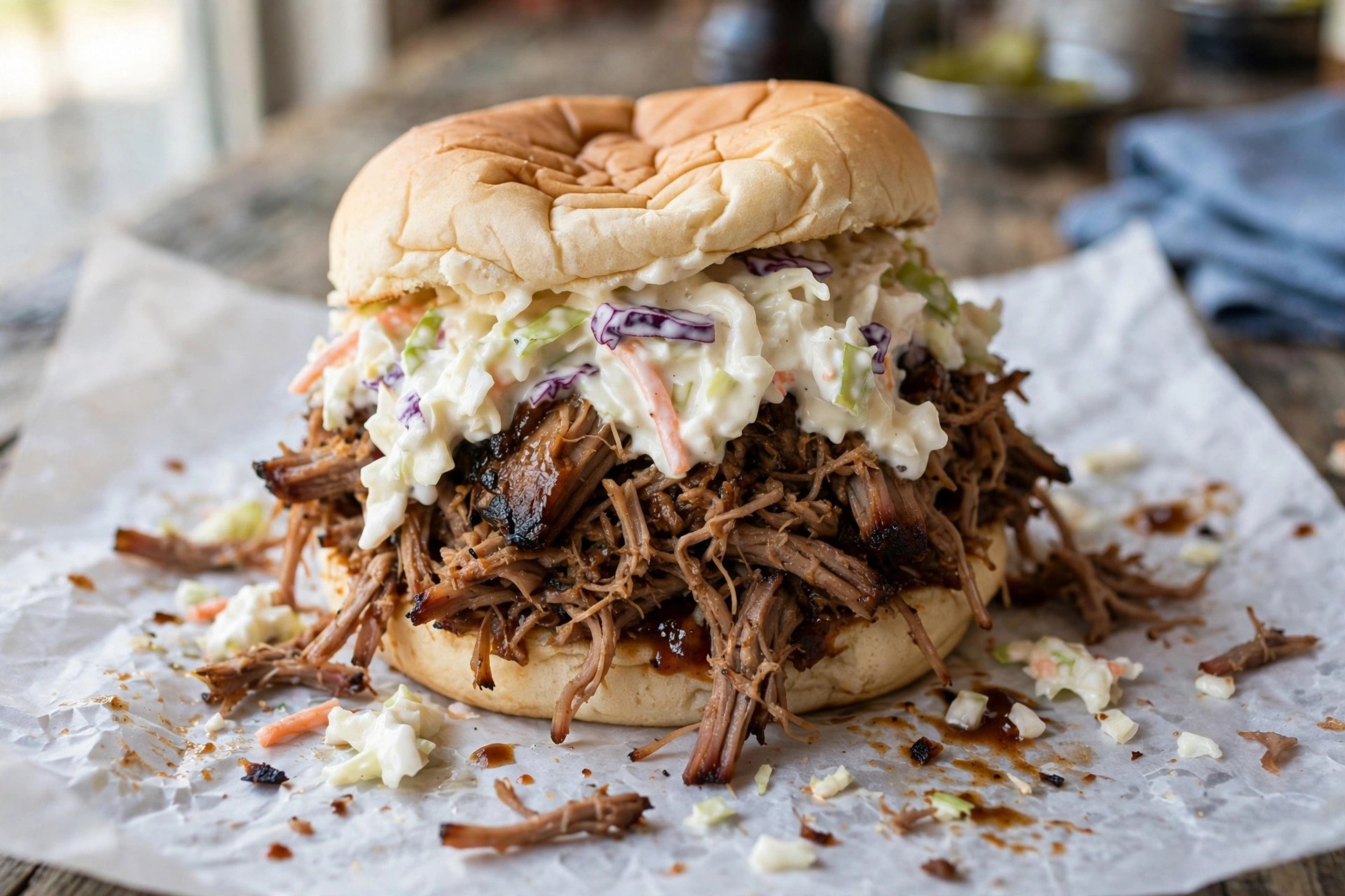 Pulled pork sandwich piled high with shredded pork and creamy coleslaw on a soft bun