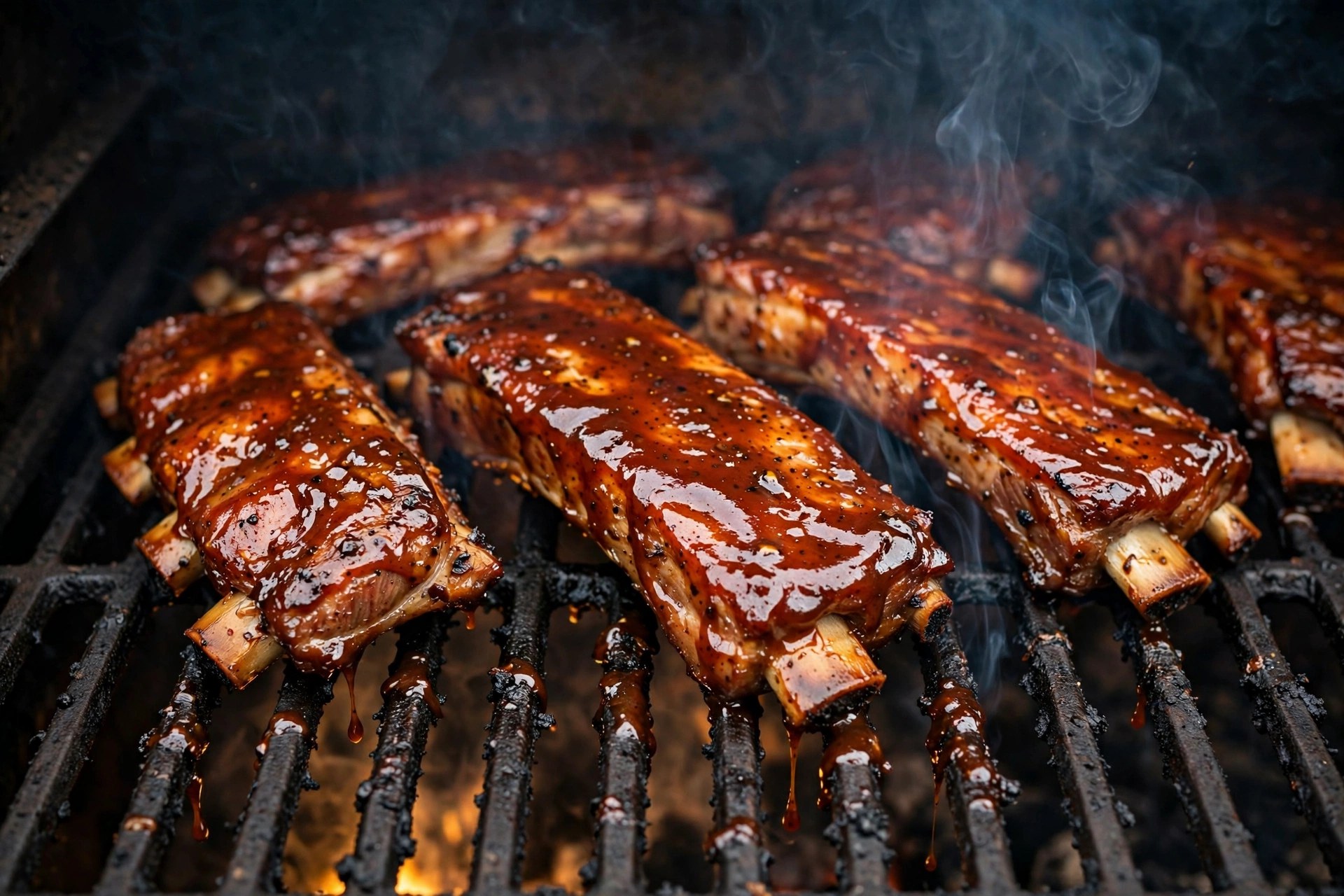 Glossy wet ribs with a tangy sauce glaze on a smoker grate, hickory smoke rising