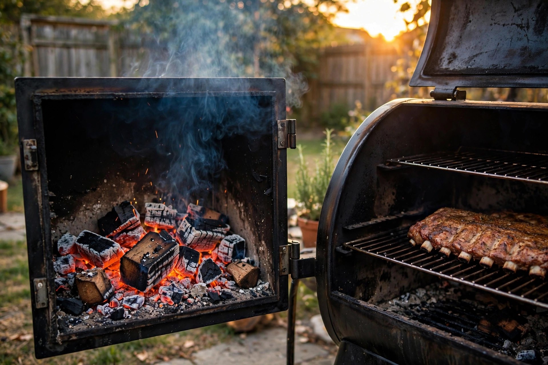 Offset smoker firebox with smoldering wood chunks and thin blue smoke, ribs cooking in the chamber