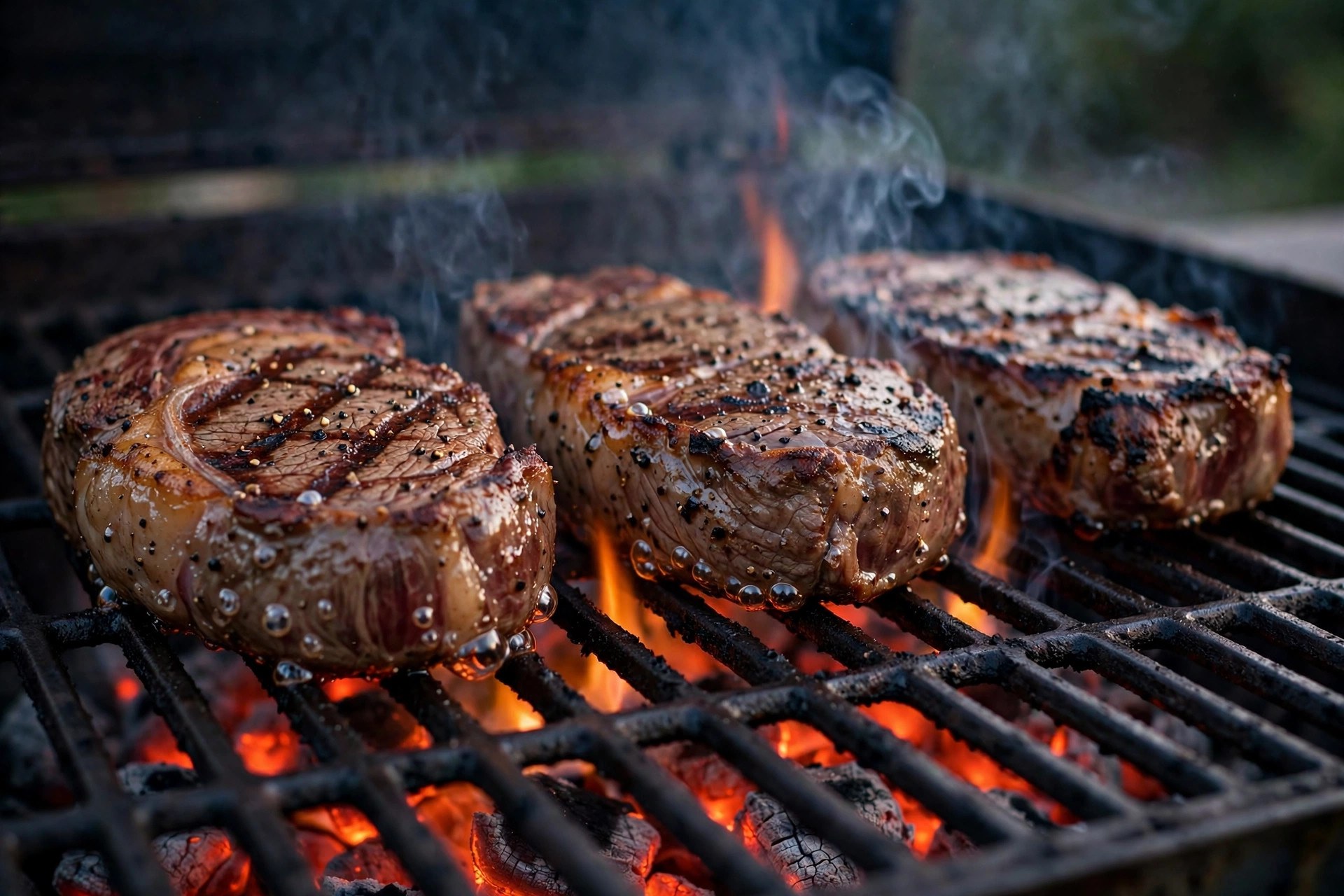 Thick steaks searing over glowing mesquite coals with smoke curling up