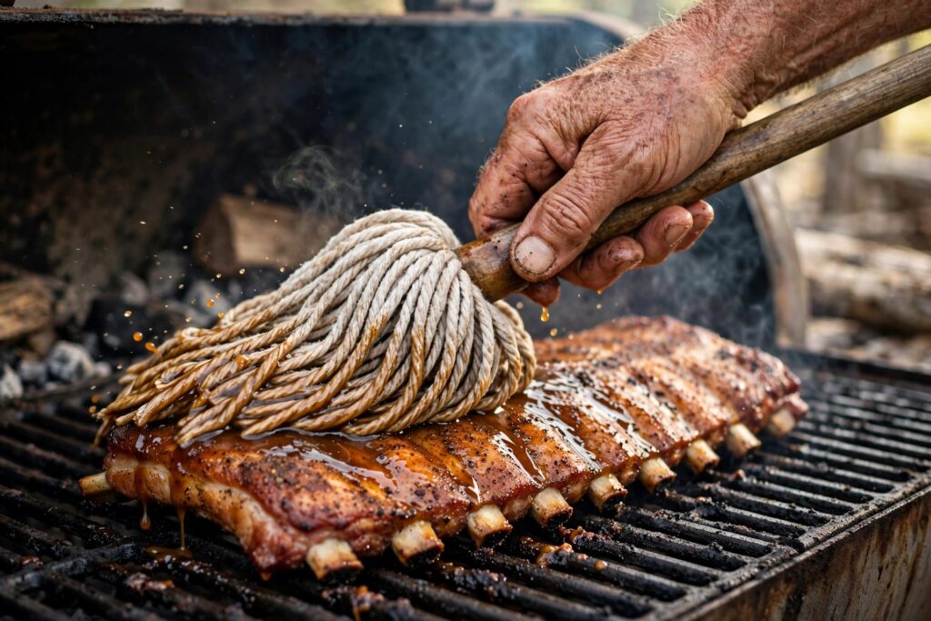 Pitmaster hand brushing thin vinegar mop sauce over ribs on a smoker with a cotton BBQ mop