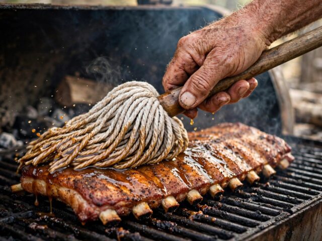 Pitmaster hand brushing thin vinegar mop sauce over ribs on a smoker with a cotton BBQ mop