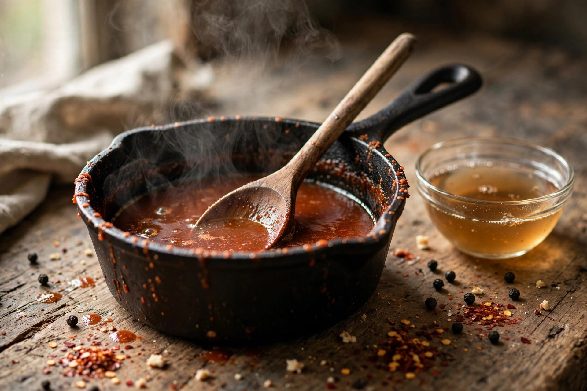 Simmering thin vinegar mop sauce in a cast-iron saucepan with wooden spoon