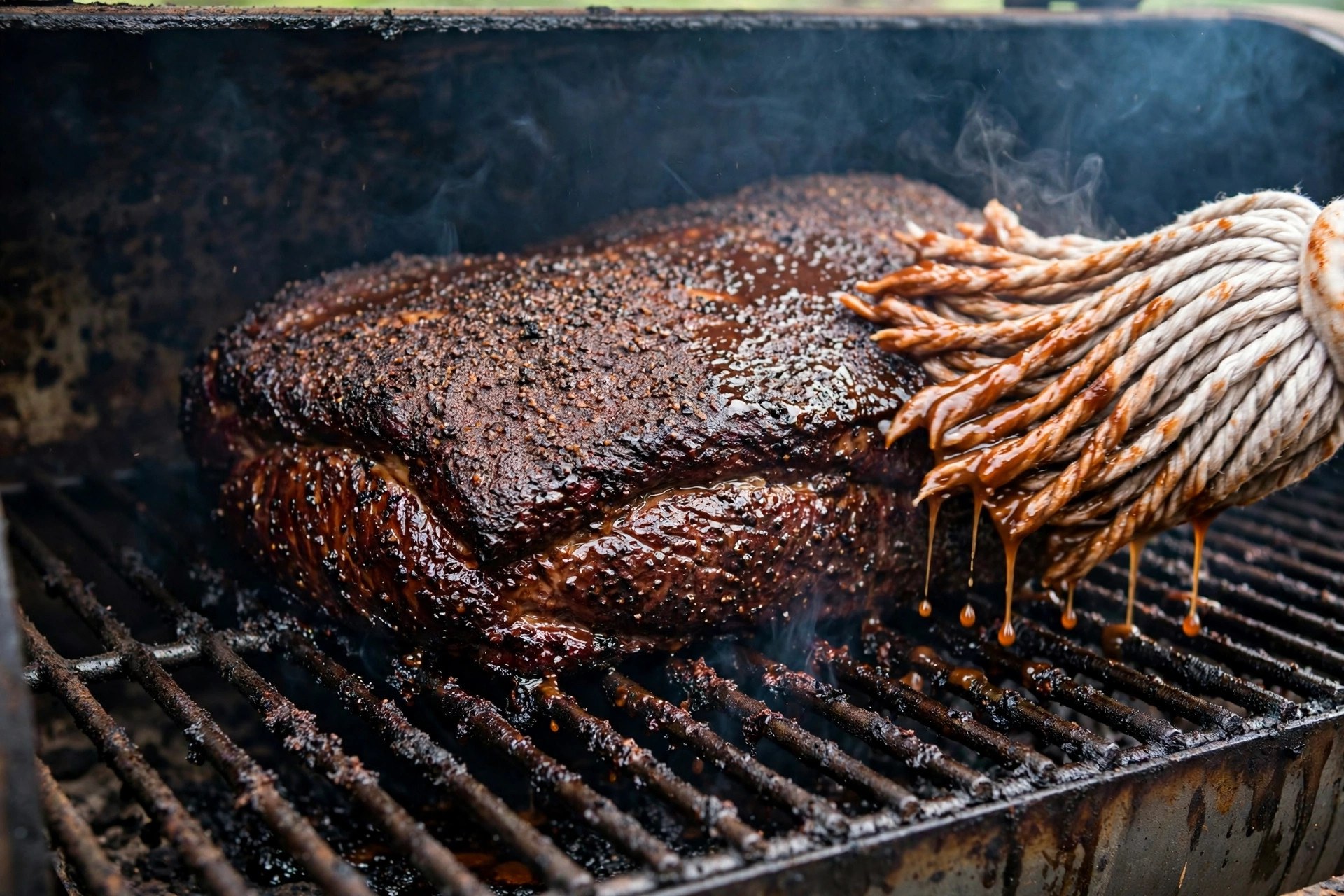 Cotton BBQ mop applying thin sauce to a bark-crusted brisket on a smoker
