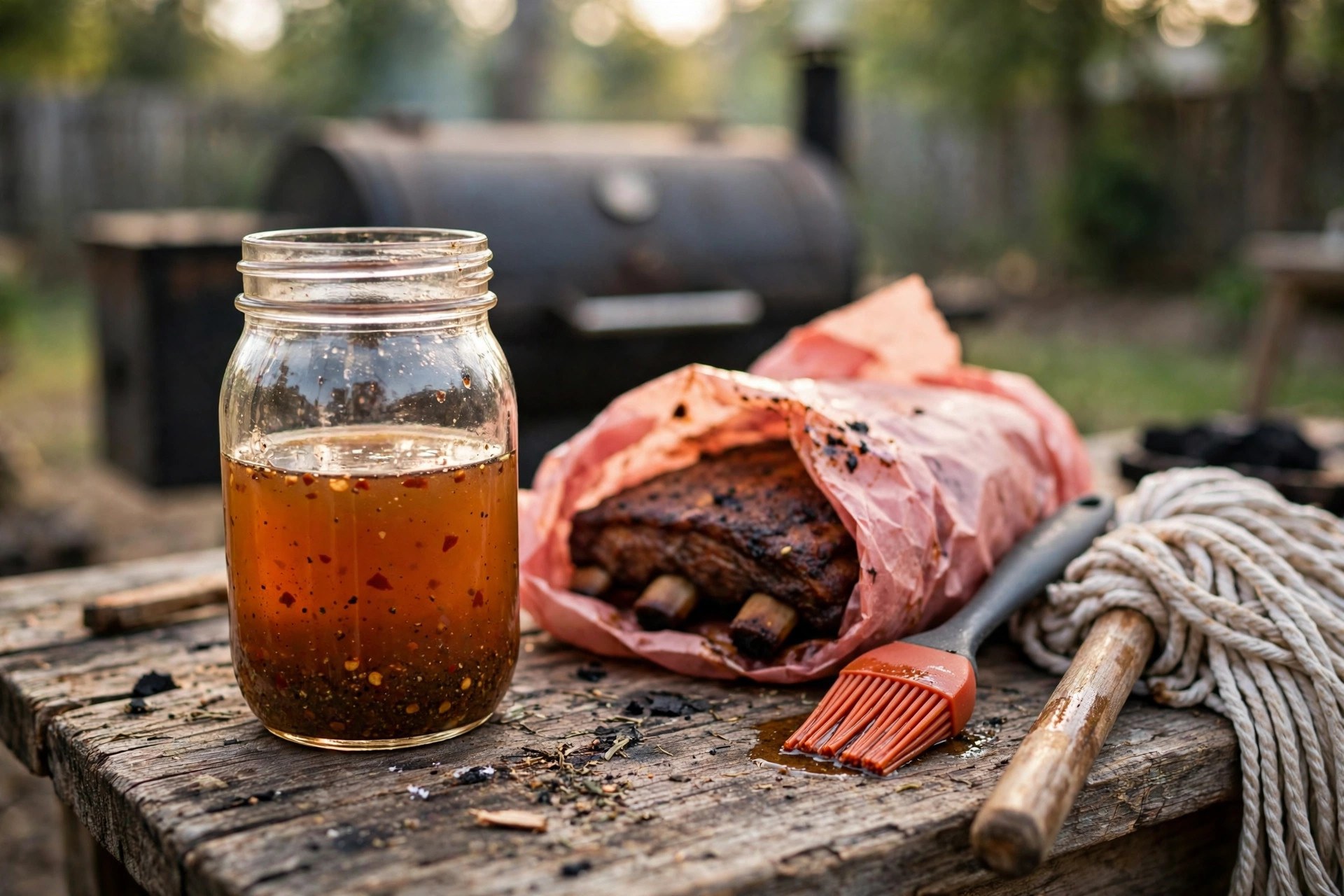 Mason jar of vinegar-pepper mop sauce with cotton mop and brush on a wooden table