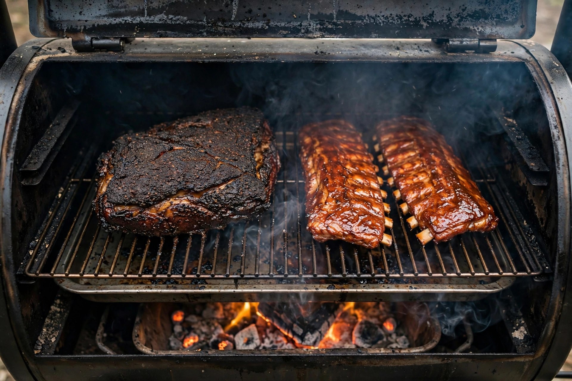 Brisket and ribs smoking on the grates inside an open pellet grill with thin smoke