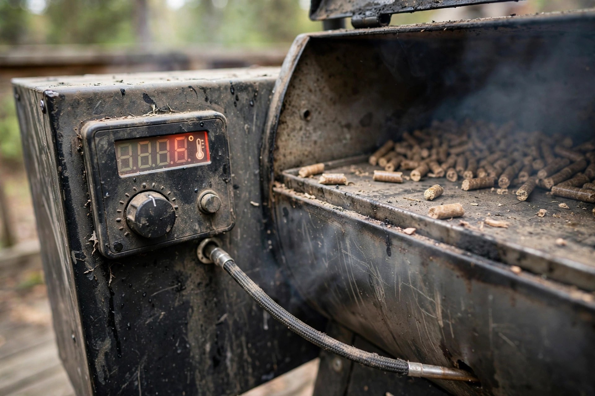 Close-up of a pellet grill digital controller with temperature display beside the pellet hopper