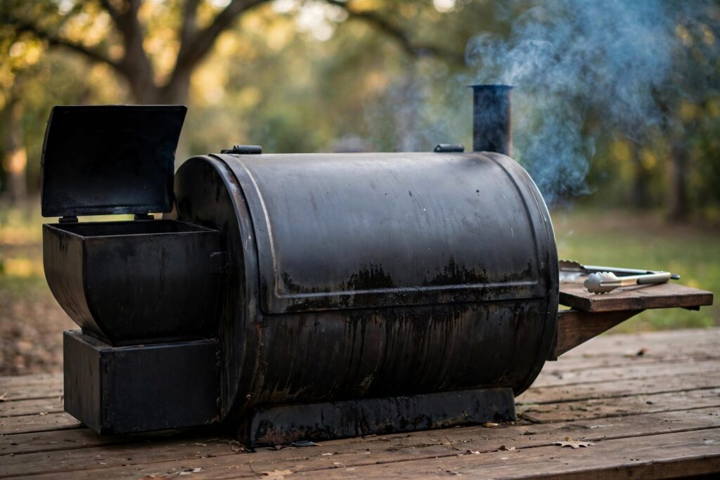 A well-used pellet grill on a wooden deck with thin blue smoke rising from the chimney