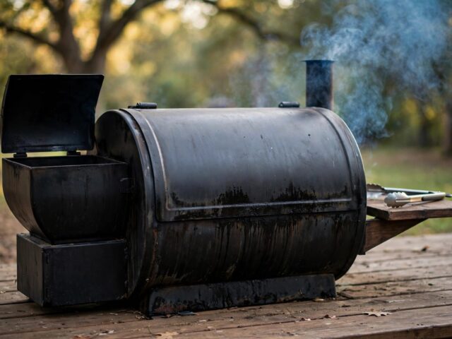 A well-used pellet grill on a wooden deck with thin blue smoke rising from the chimney