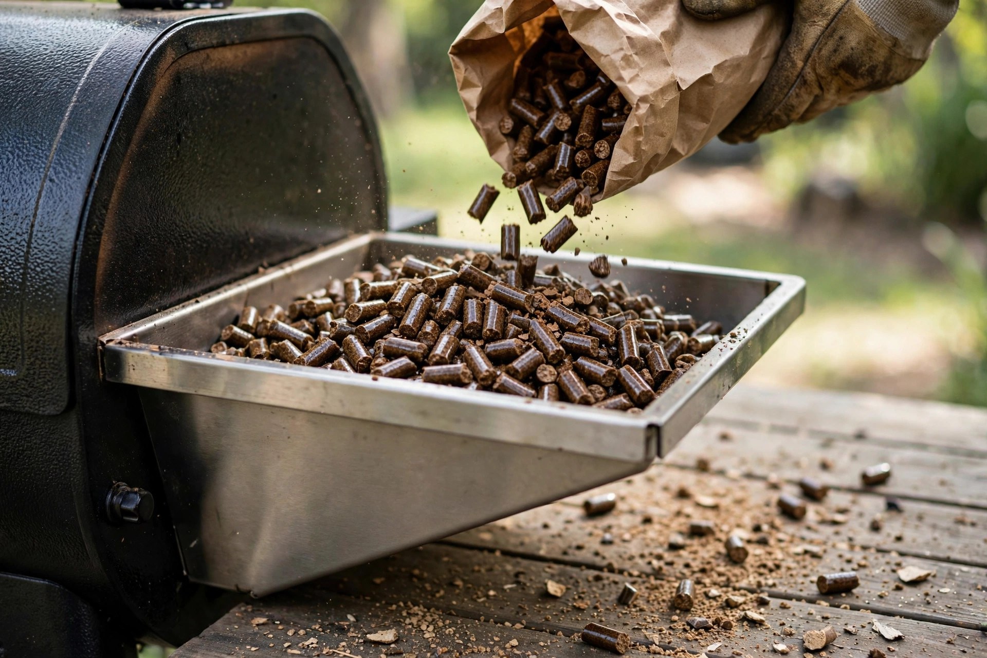 A gloved hand pouring hardwood pellets from a paper bag into the open hopper of a pellet grill