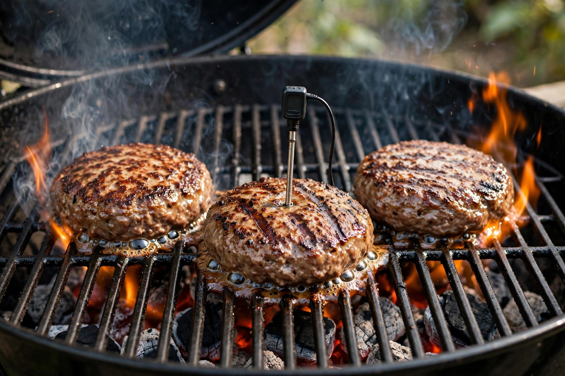 Ground pork patties on a charcoal grill with a thermometer probe in the center patty