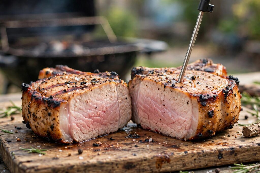 Grilled pork chop sliced to show a blush-pink center with a thermometer probe inserted