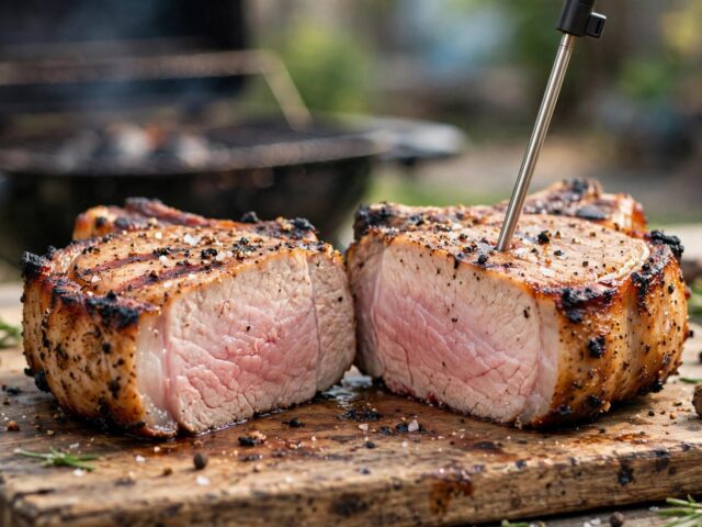 Grilled pork chop sliced to show a blush-pink center with a thermometer probe inserted