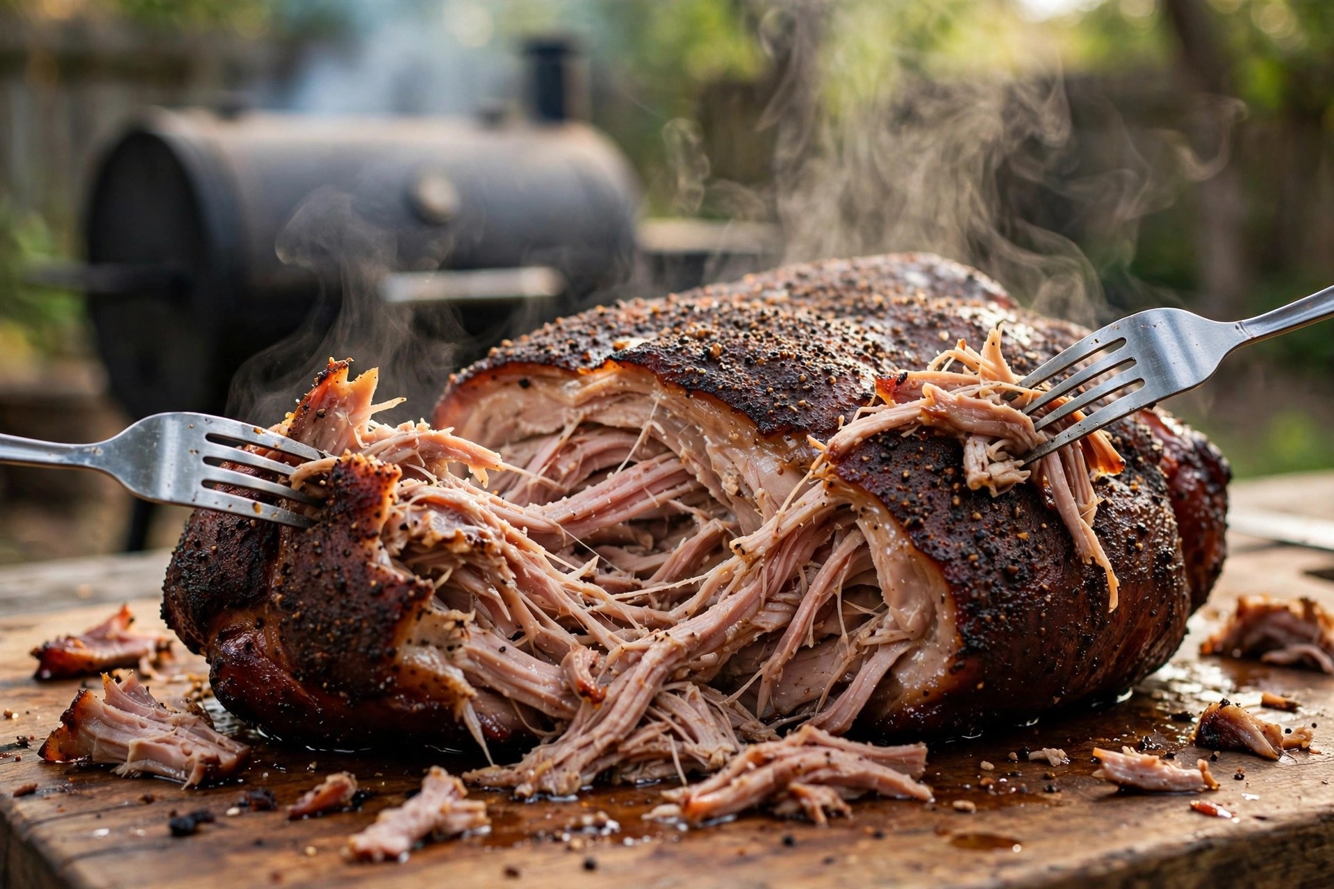 Smoked pork shoulder being pulled apart with two forks, steam rising