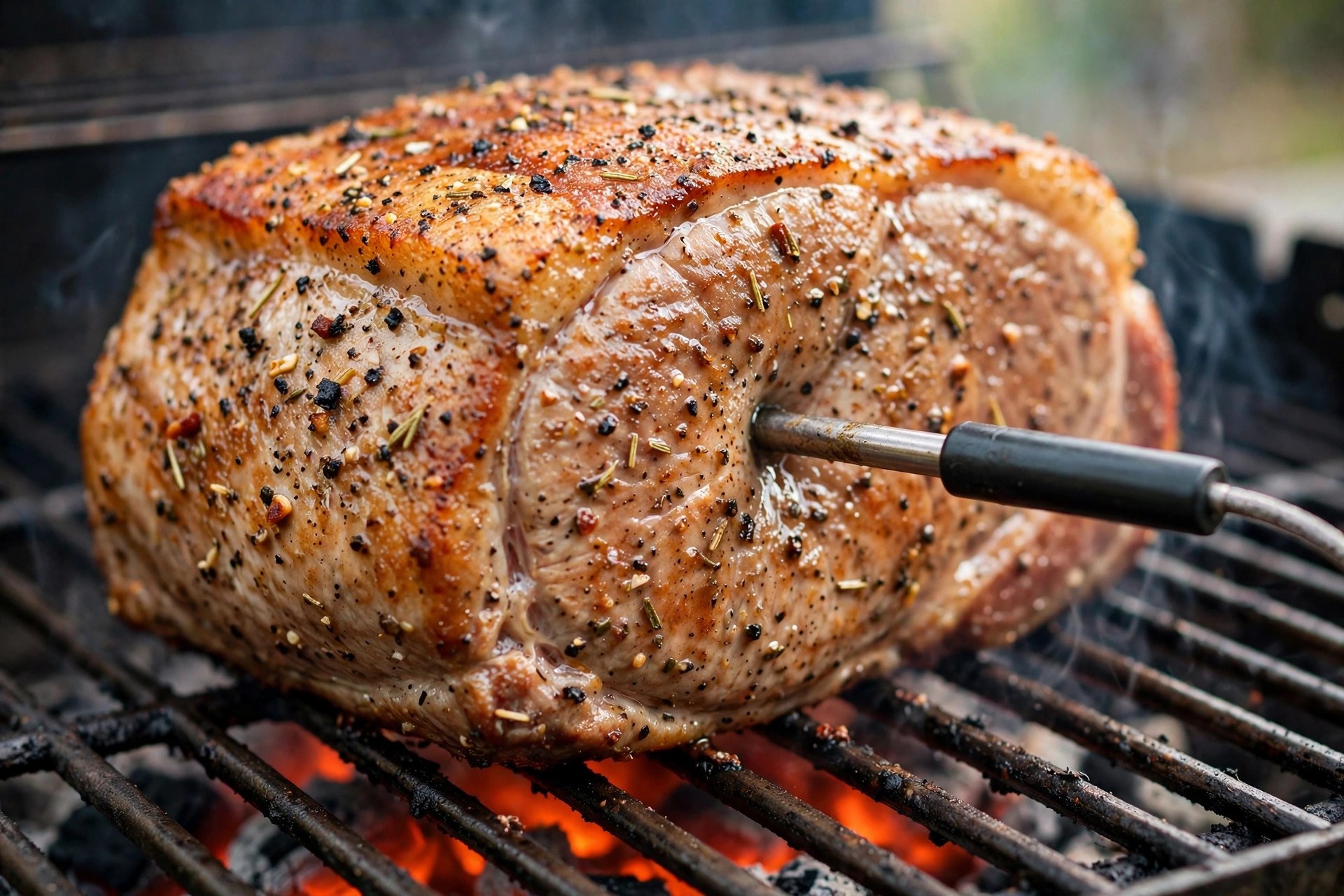 Instant-read thermometer probe inserted horizontally into a pork loin roast on the grill