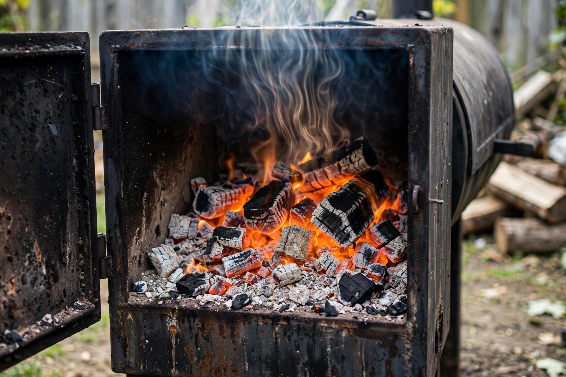 Glowing charcoal and wood chunks burning in an offset smoker firebox with the door open