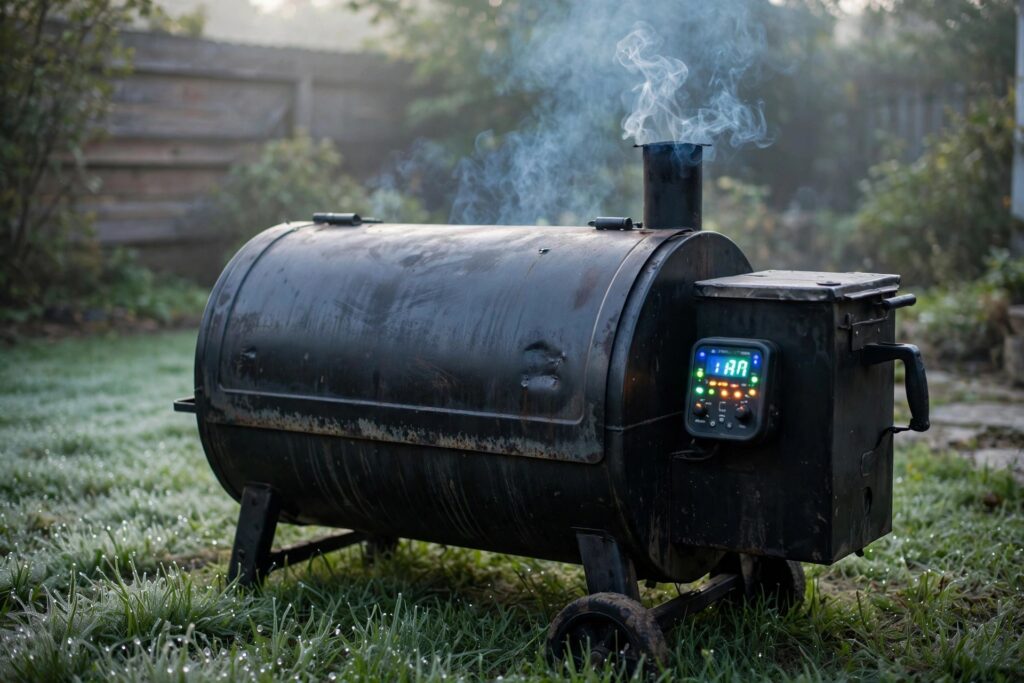 Pellet smoker in a backyard at dawn with thin blue smoke curling from the chimney stack
