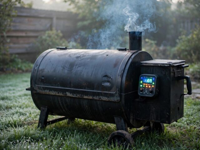 Pellet smoker in a backyard at dawn with thin blue smoke curling from the chimney stack