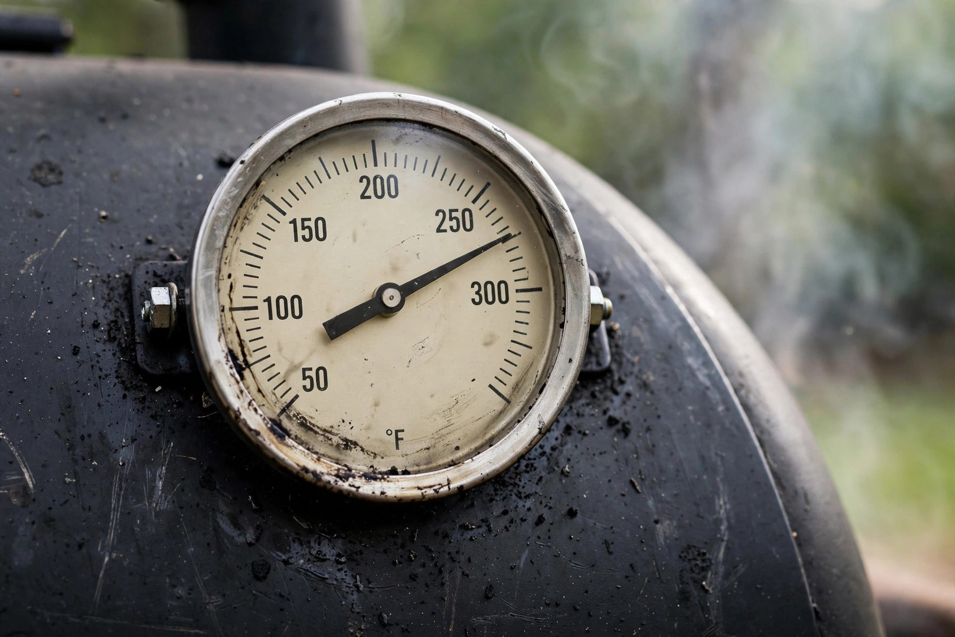 Close-up of a smoker thermometer gauge reading 250 degrees with thin smoke in the background