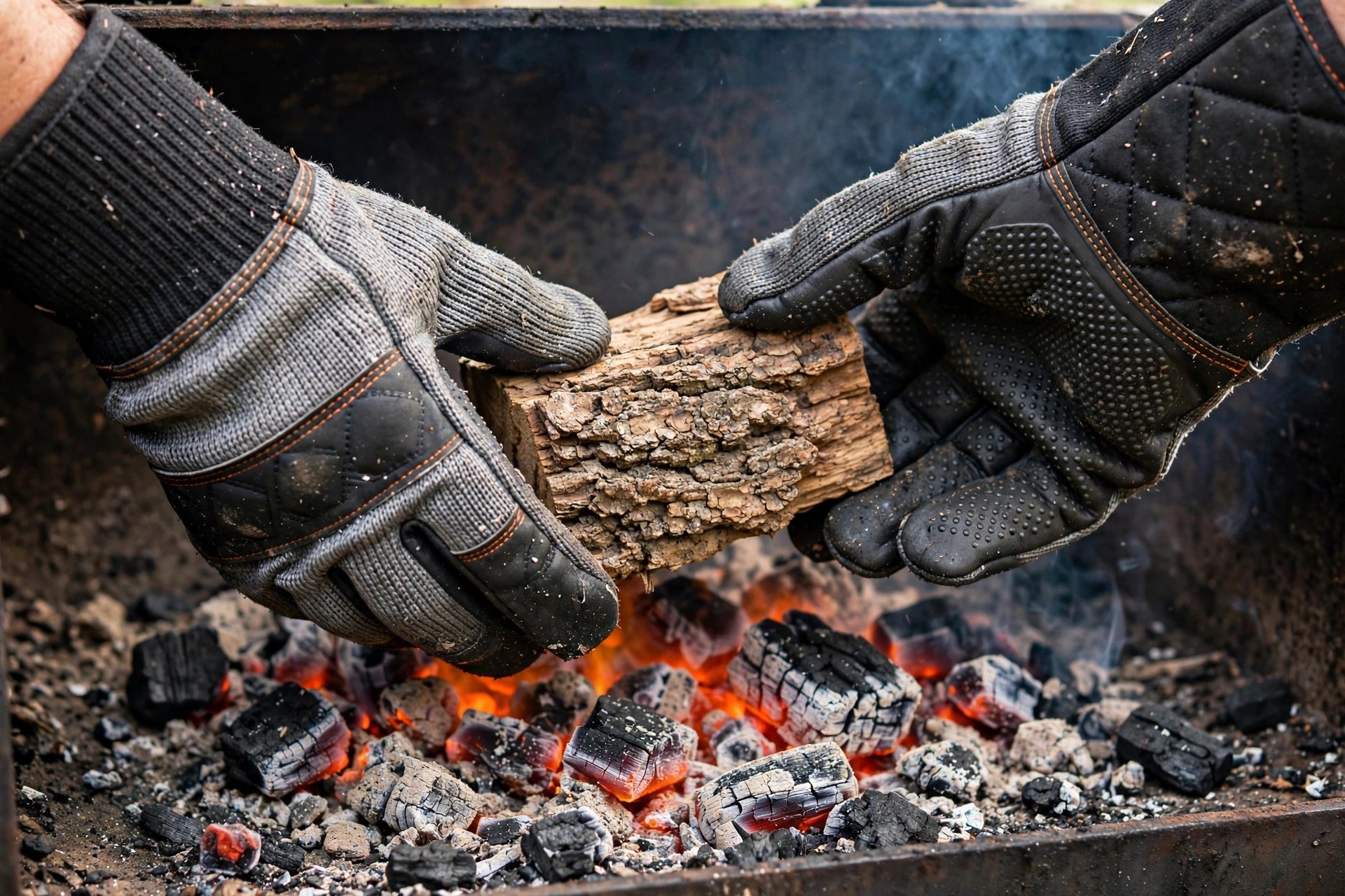 Hands placing wood chunks onto hot charcoal inside a smoker firebox