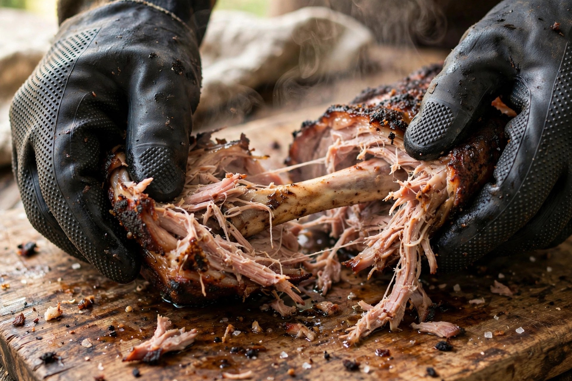 Gloved hands pulling a clean blade bone from a finished smoked pork butt