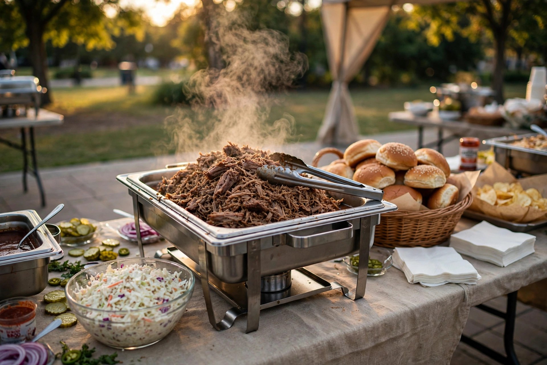 Outdoor BBQ catering buffet with a chafing dish of steaming pulled pork, buns, and coleslaw