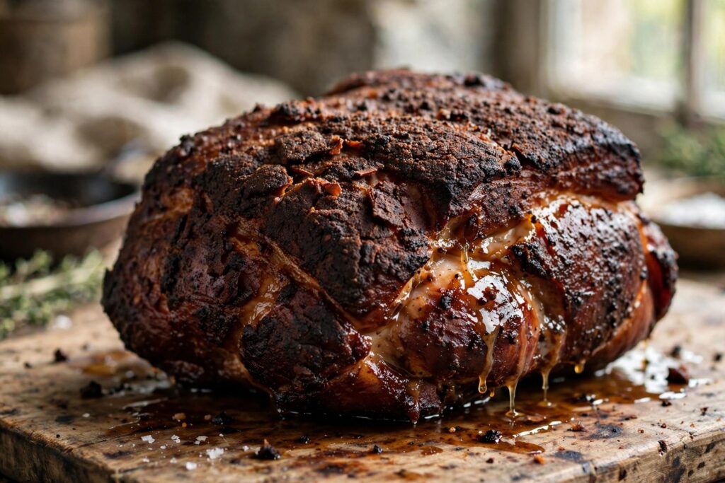 Whole smoked pork butt with dark bark and glistening juices on a wooden cutting board