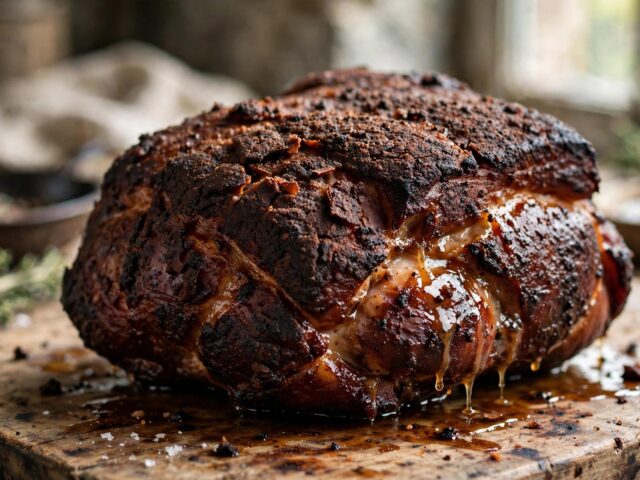 Whole smoked pork butt with dark bark and glistening juices on a wooden cutting board