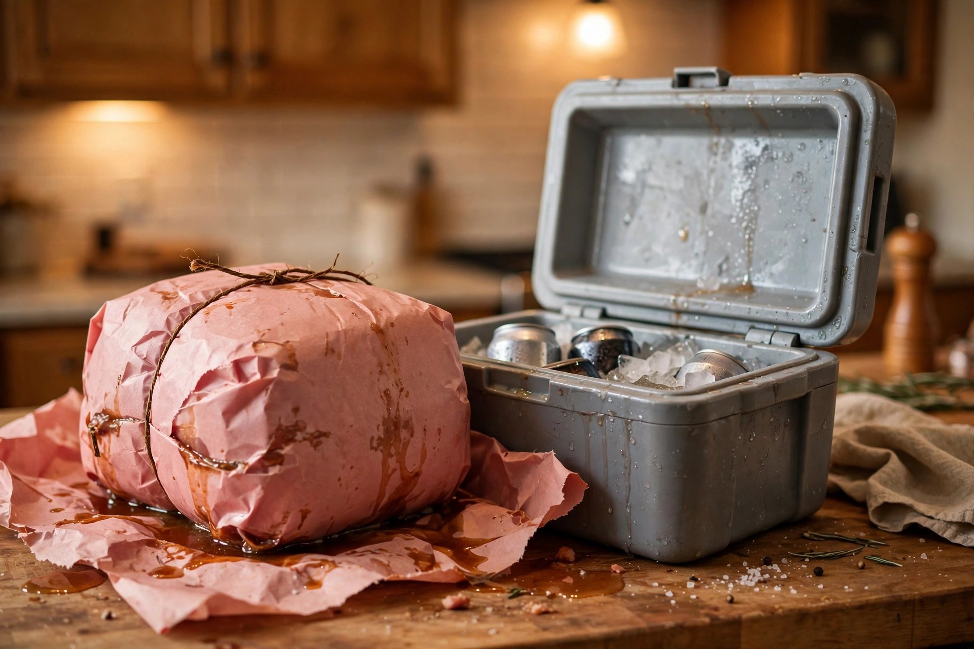 Smoked pork butt wrapped in butcher paper resting on a counter next to a cooler