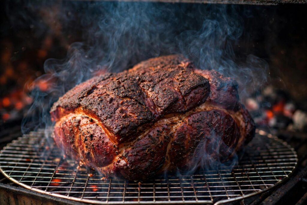 Whole smoked pork shoulder with dark bark in a smoker with wisps of smoke