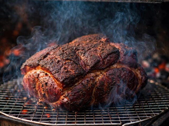 Whole smoked pork shoulder with dark bark in a smoker with wisps of smoke