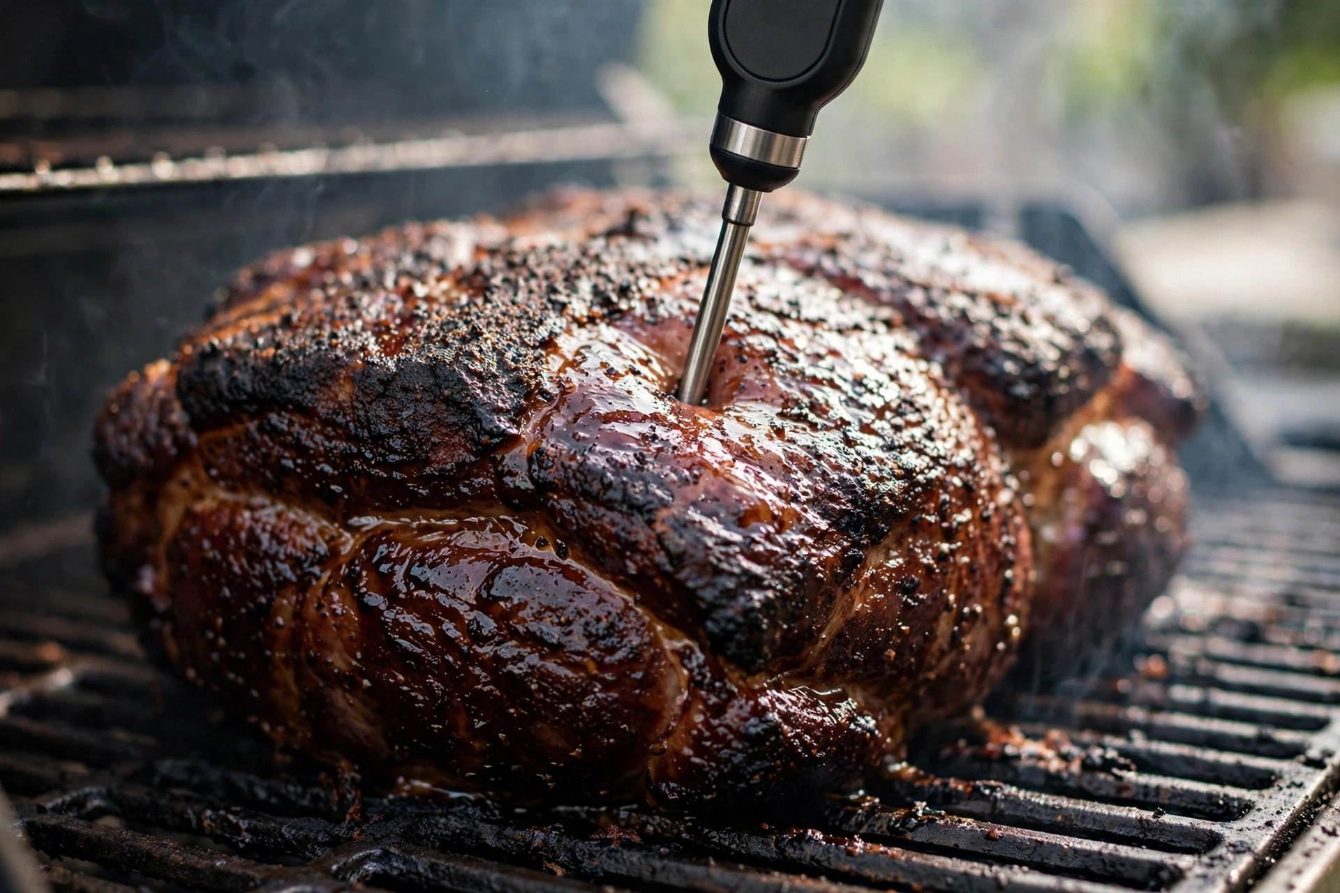 Instant-read thermometer probe in a smoked pork butt on the grill grate