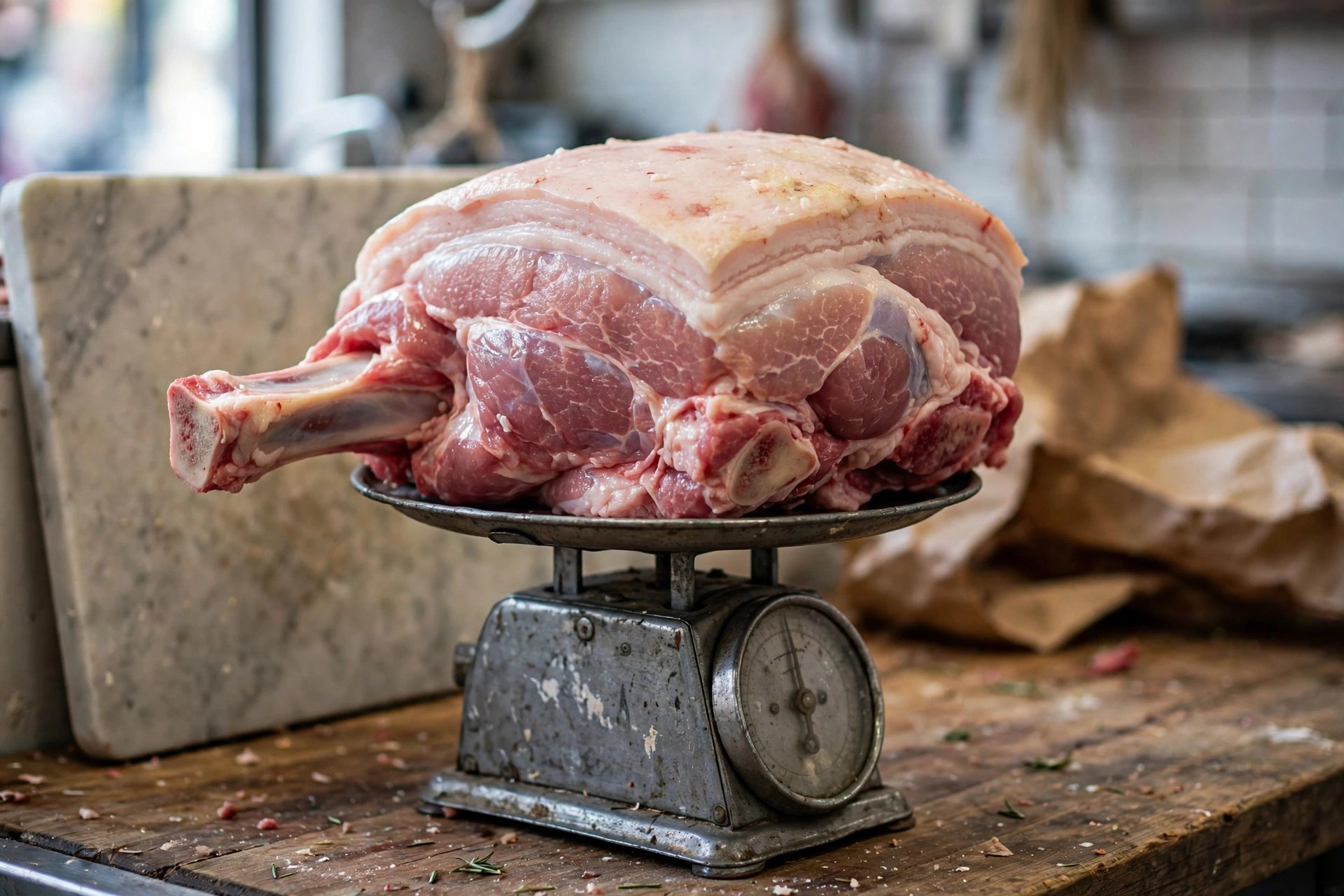 Raw bone-in pork shoulder on a kitchen scale in a butcher shop