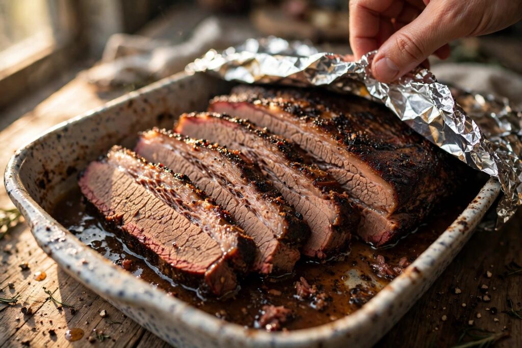 Sliced smoked brisket with dark bark in a baking dish with beef broth, foil being folded over the dish