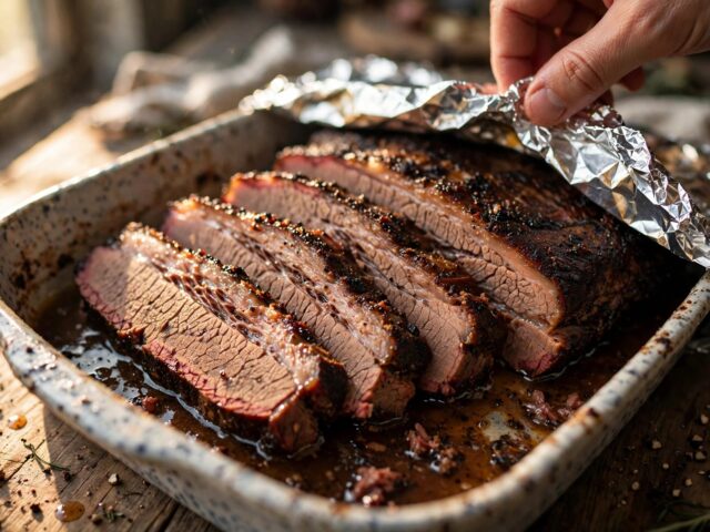 Sliced smoked brisket with dark bark in a baking dish with beef broth, foil being folded over the dish