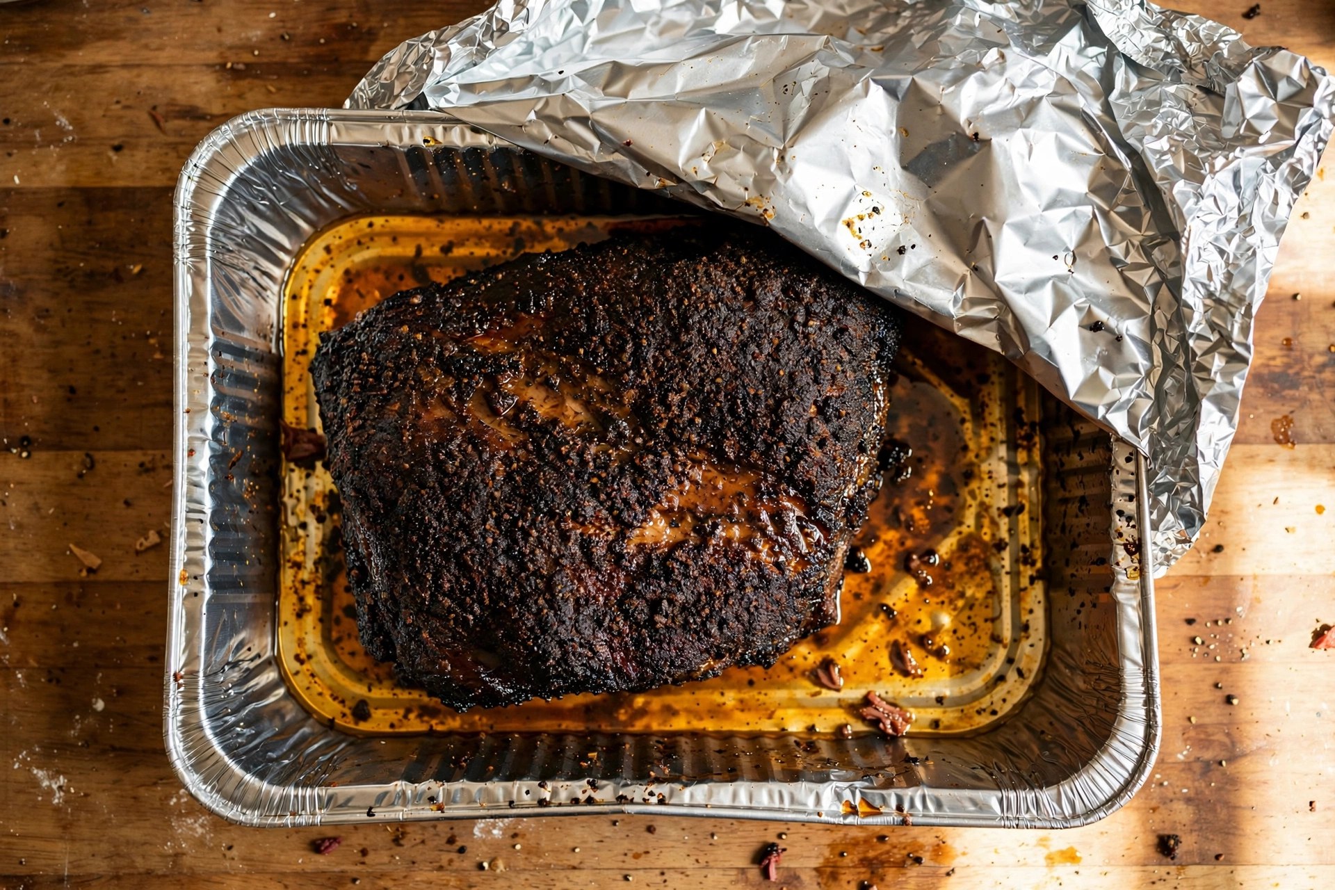 Whole smoked brisket with dark bark in a disposable foil pan with amber drippings, aluminum foil being pulled over to seal it