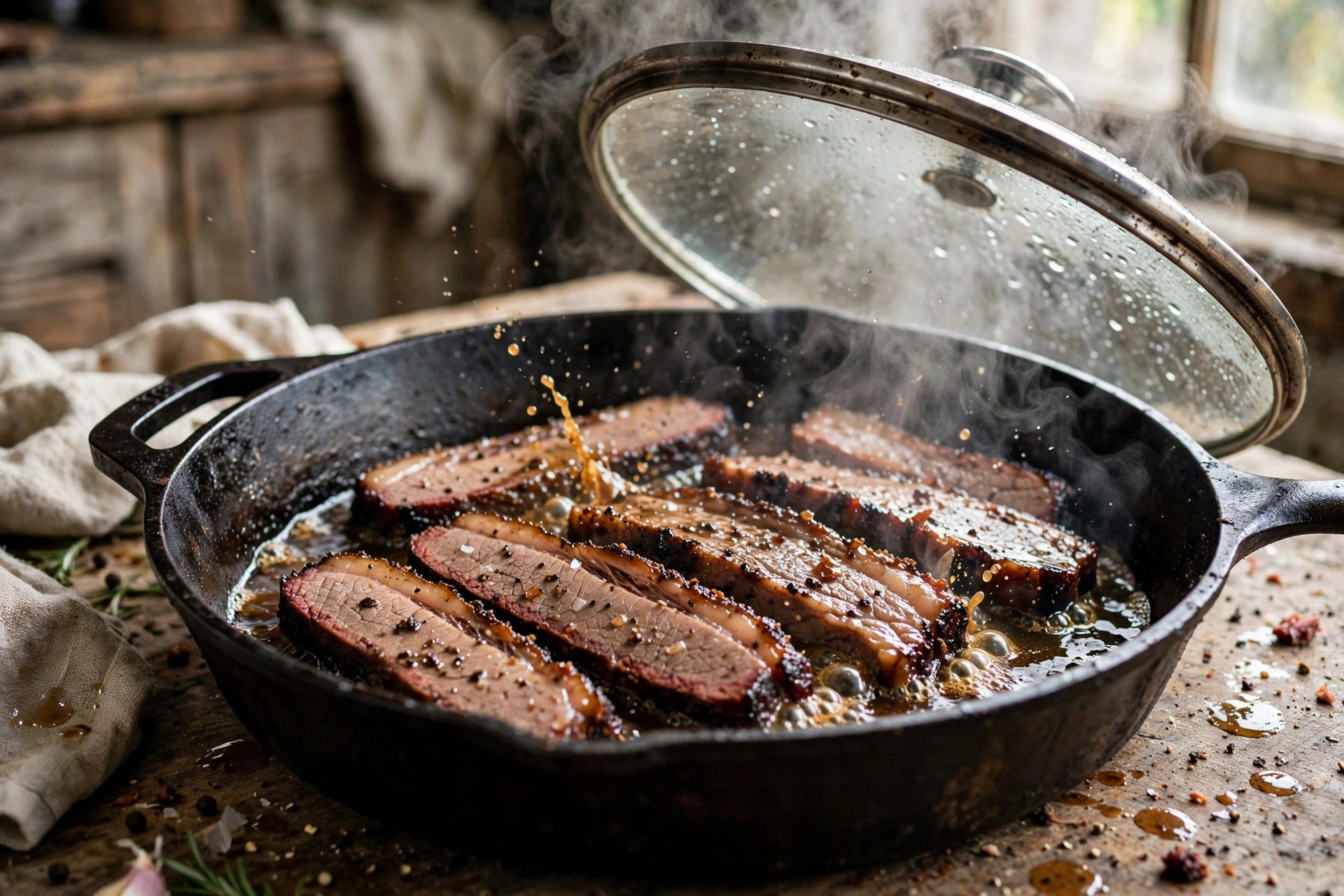 Brisket slices warming in a cast-iron skillet with beef broth under a tilted glass lid with steam escaping