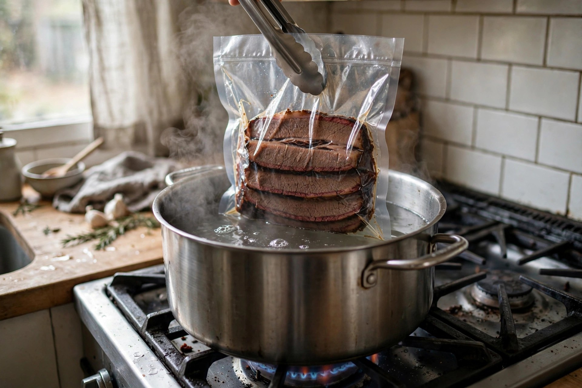 Vacuum-sealed bag of sliced brisket being lowered into a pot of steaming water for gentle reheating