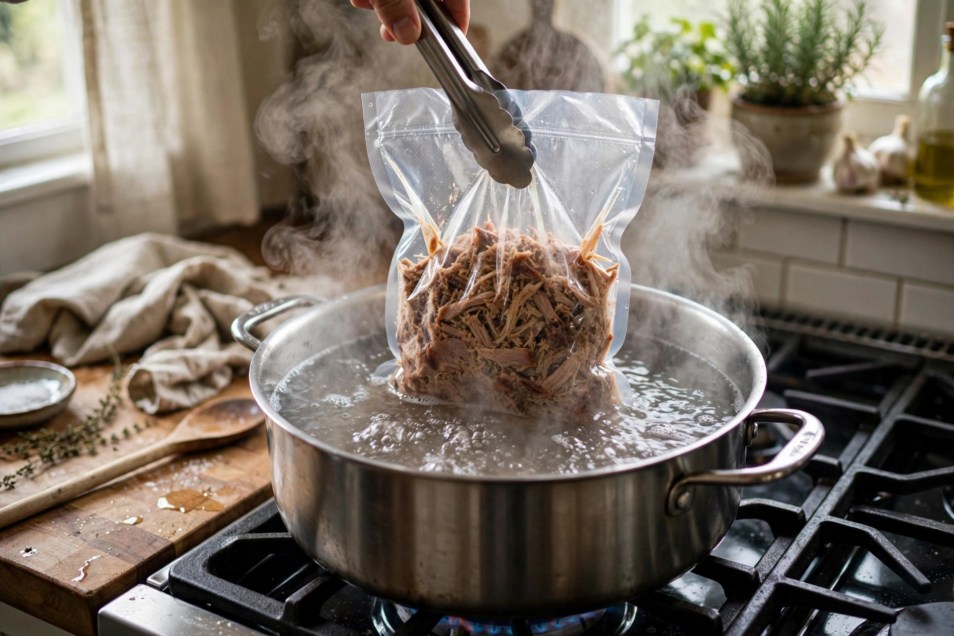 Vacuum-sealed bag of pulled pork being lowered with tongs into a pot of simmering water on a stovetop