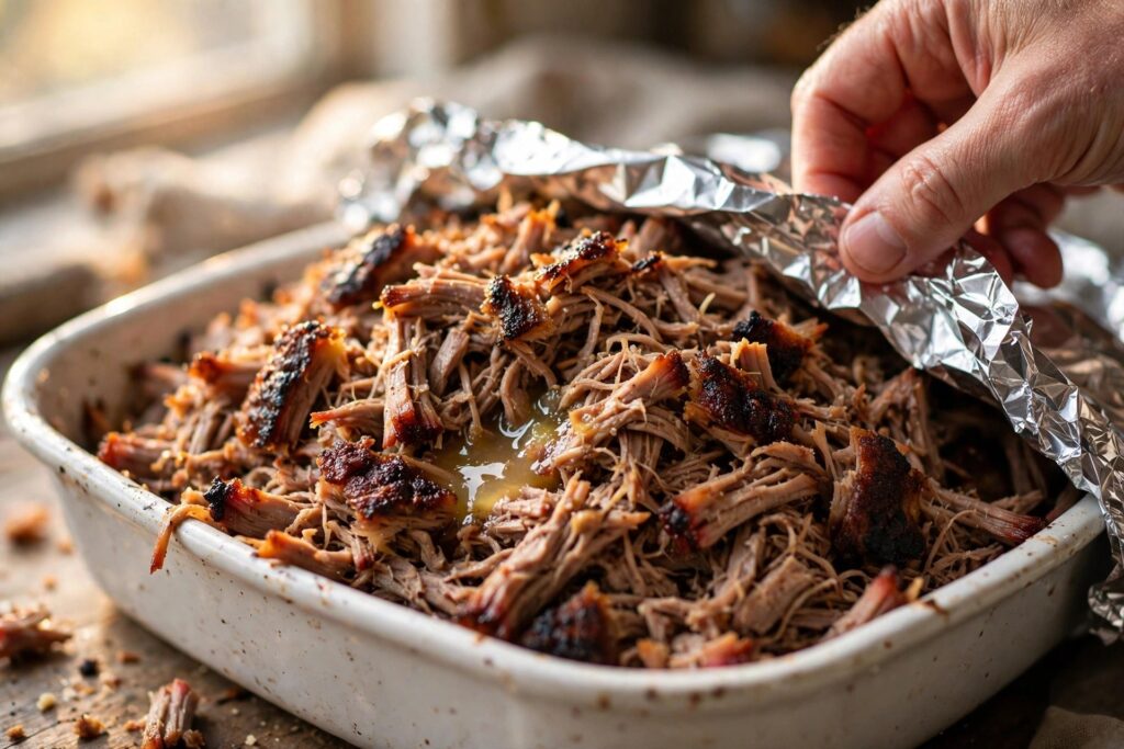 Shredded pulled pork with bark pieces in a baking dish, a hand tucking aluminum foil over the dish