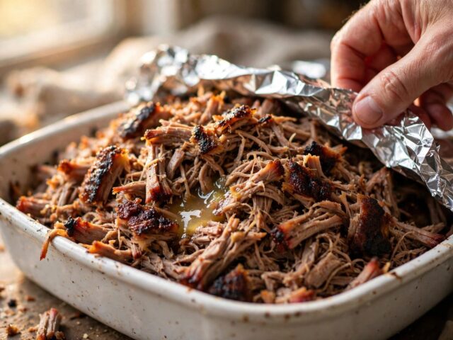 Shredded pulled pork with bark pieces in a baking dish, a hand tucking aluminum foil over the dish
